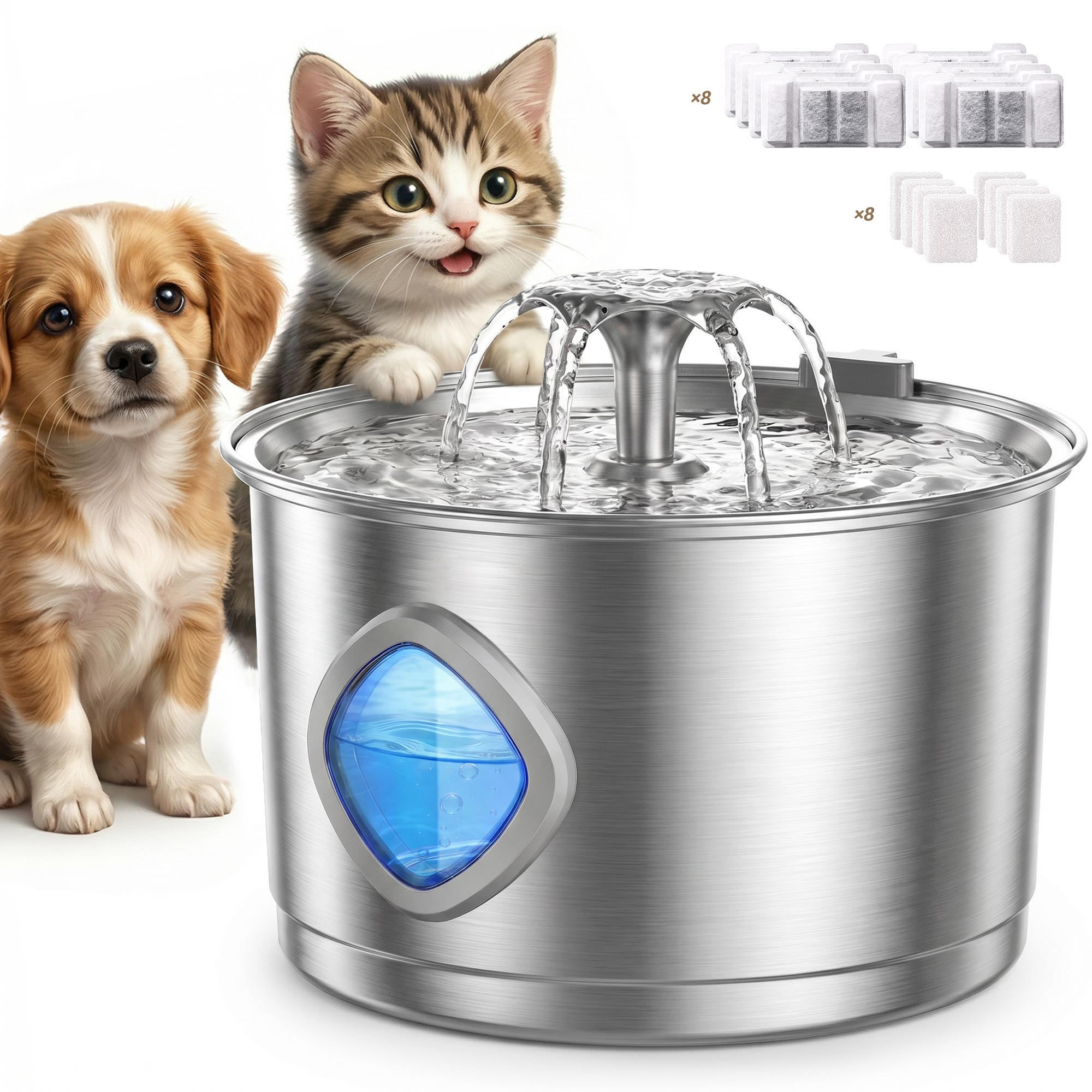 Cat Water Fountain - 8 Filters & 8 Sponges, 2.8L