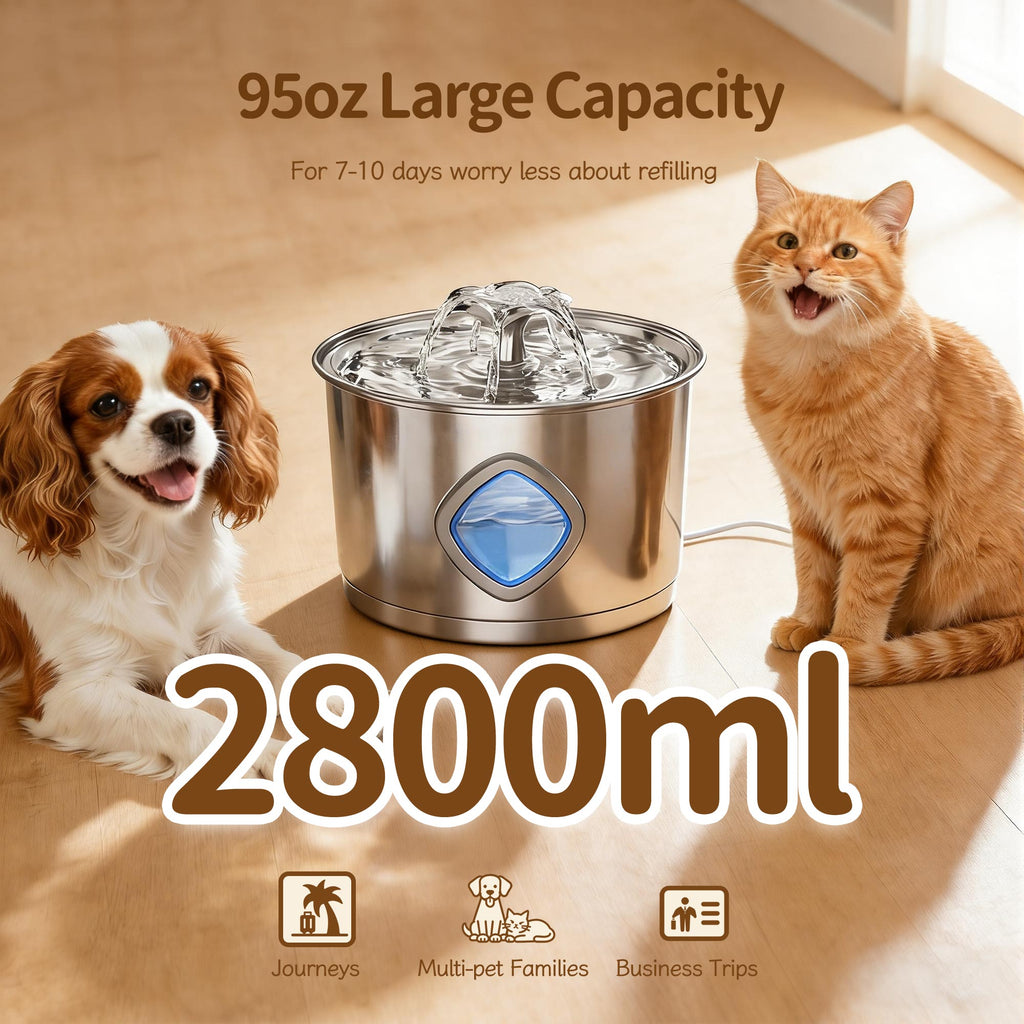 Cat Water Fountain - 8 Filters & 8 Sponges, 2.8L