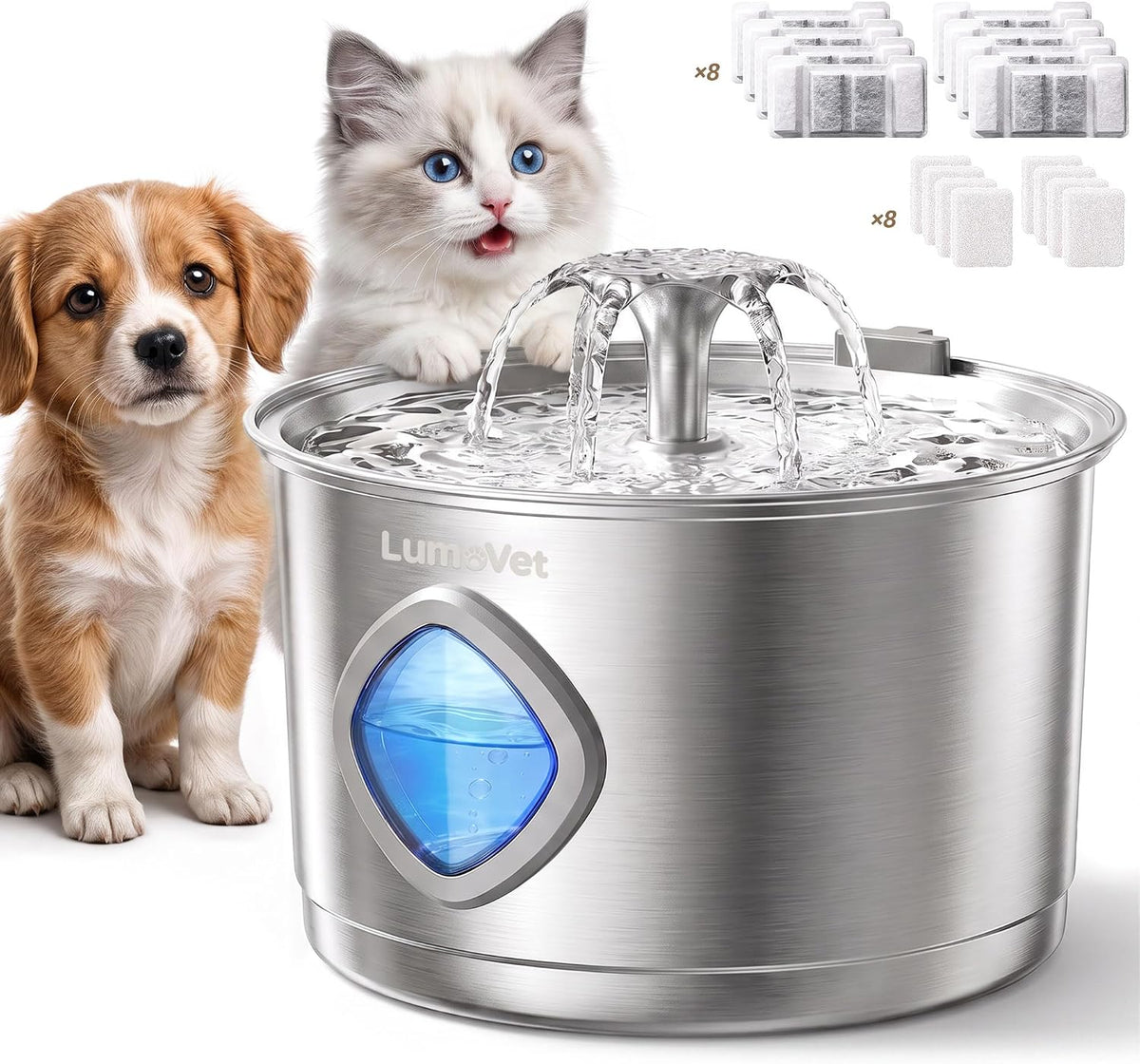 Pet Water Fountain - 8 Filters & 8 Sponges, 2.8L